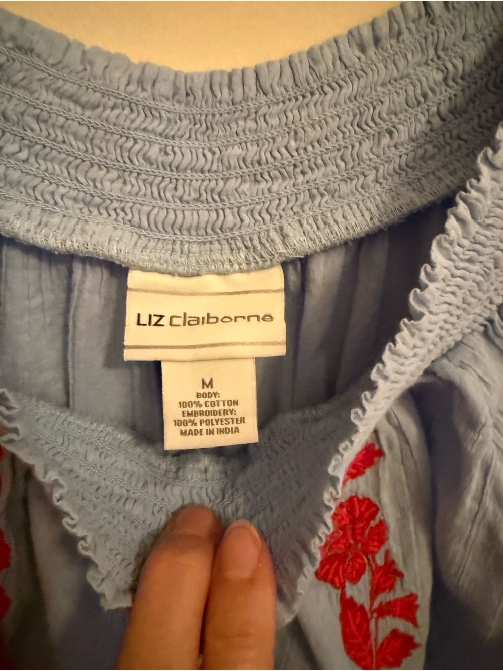 Liz Claiborne Light Blue Off-Shoulder Top with Red Floral Embroidery - Picture 2 of 3